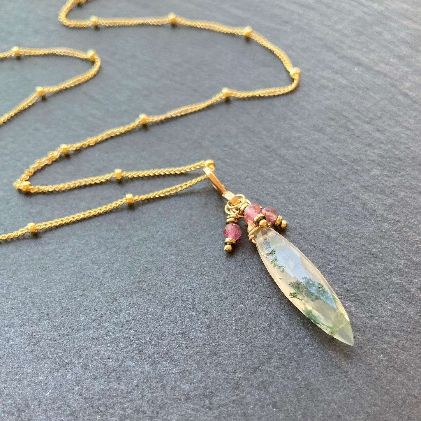 Moss Agate, Pink Tourmaline & Gold Marquis Pendant Necklace