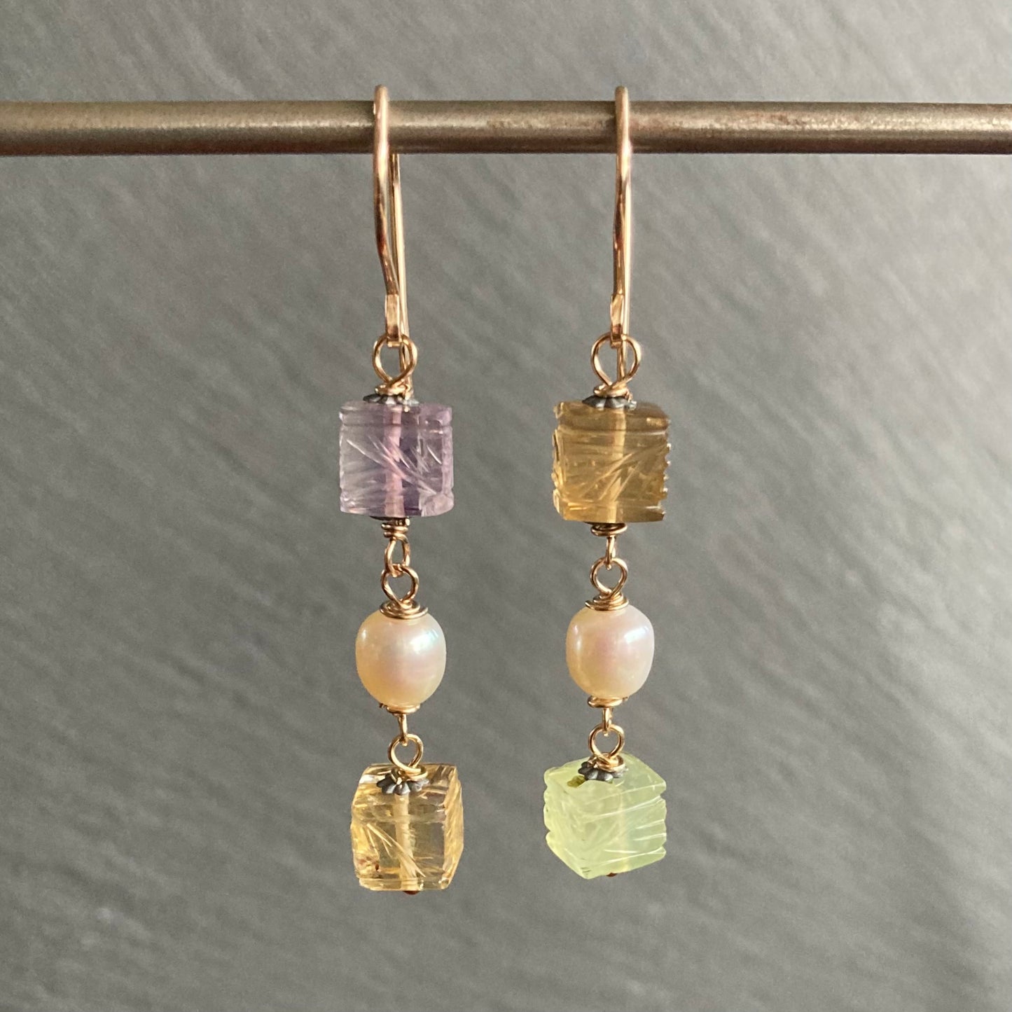 Multi Quartz, Freshwater Pearl & Mixed Metal Carved Lantern Earrings
