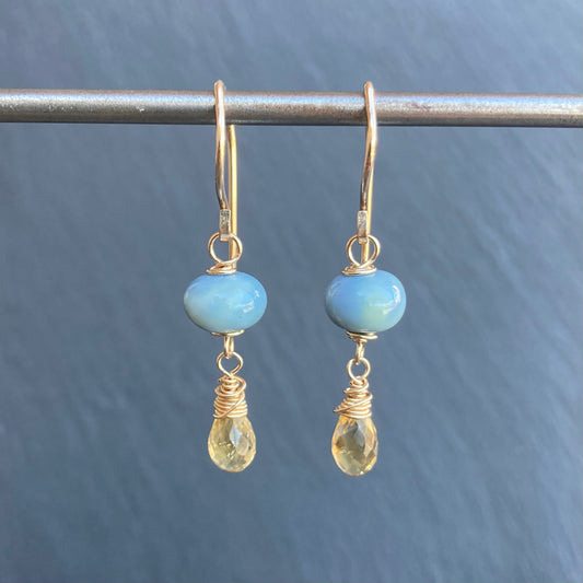 Owyhee Blue Opal, Citrine & Gold Earrings