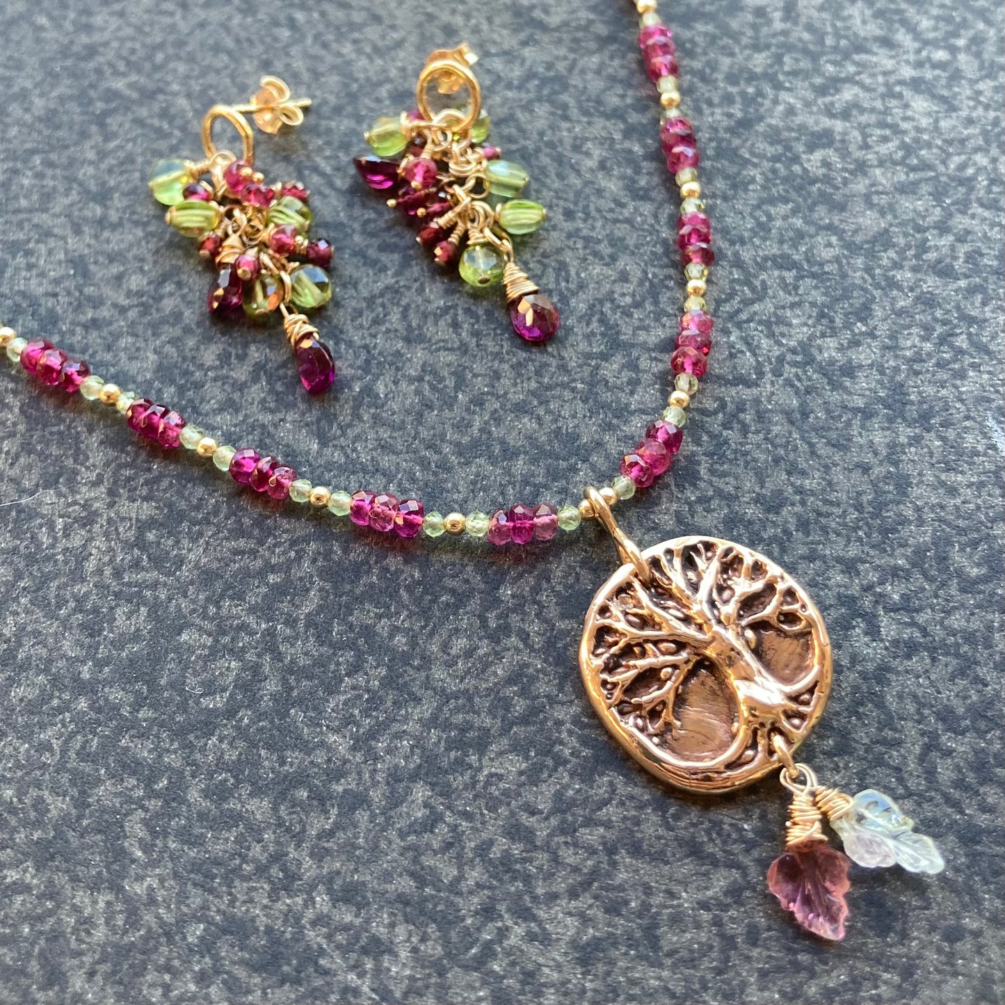 Rubelite Tourmaline, Peridot, Gold & Bronze Tree of Life Pendant Necklace