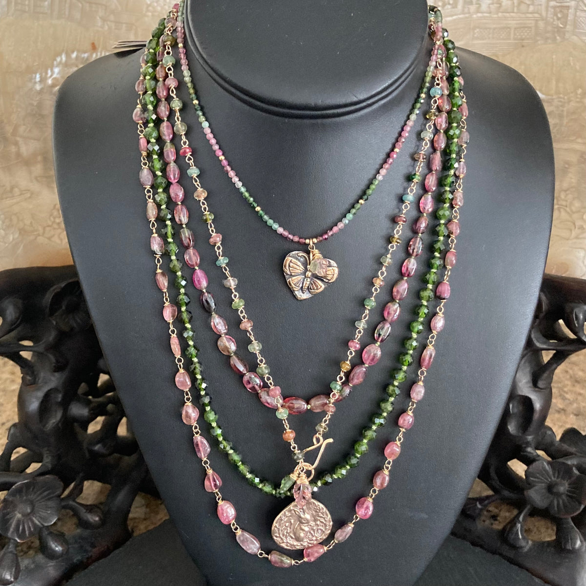 Tourmaline, Gold & Bronze Bunny Pendant Necklace