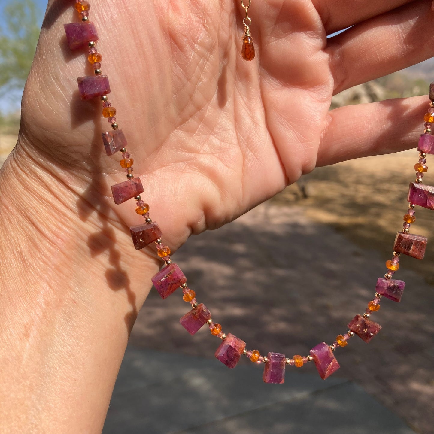 Natural African Ruby, Orange Kyanite, Rhodolite & Gold Choker