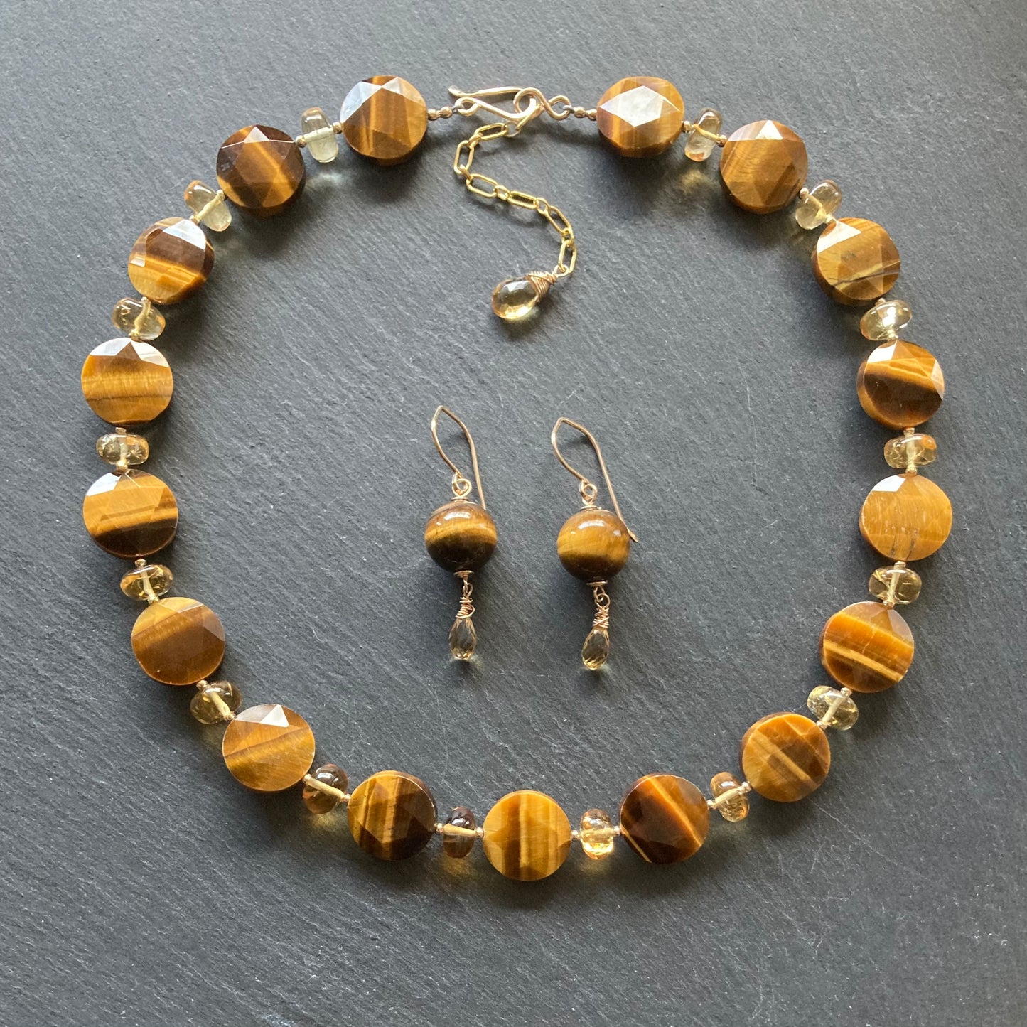 Tiger’s Eye, Citrine & Gold Earrings