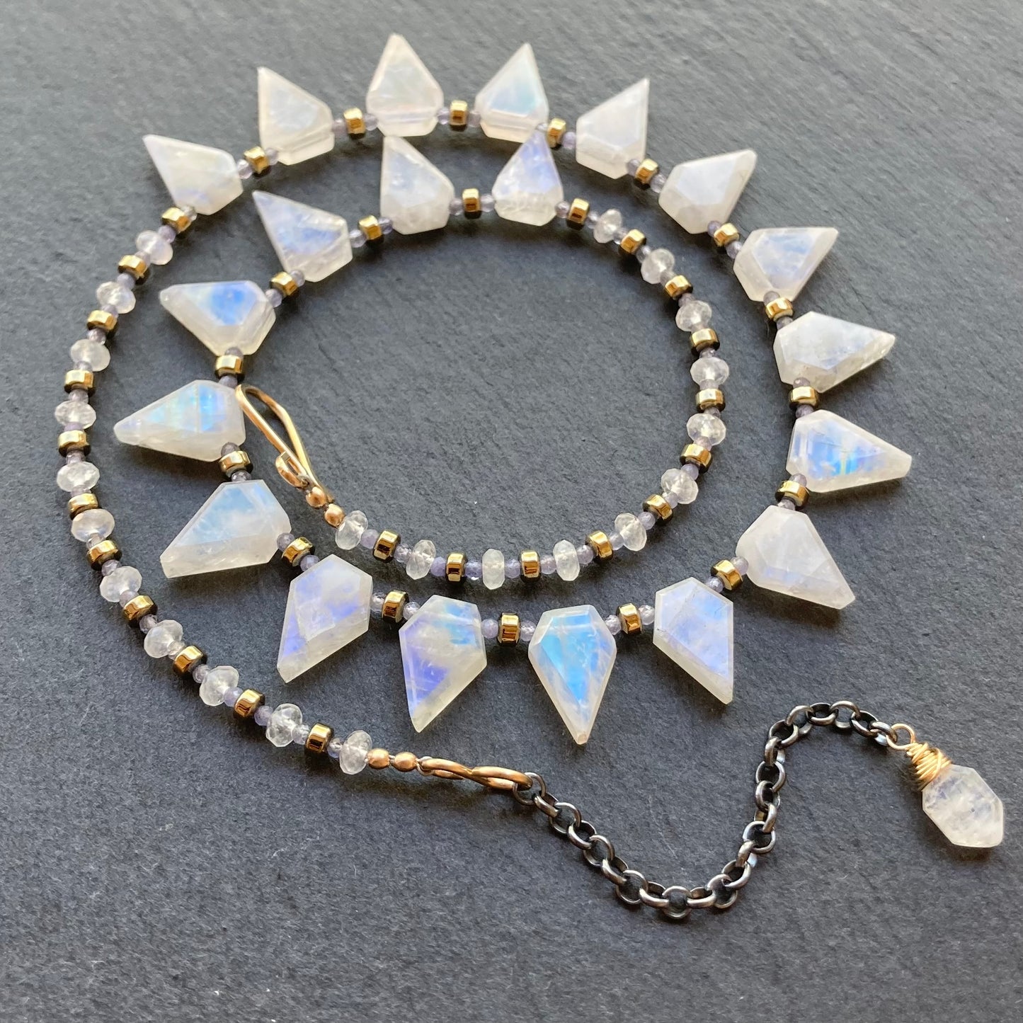 Rainbow Moonstone, Tanzanite & Mixed Metal Arrowhead Collar
