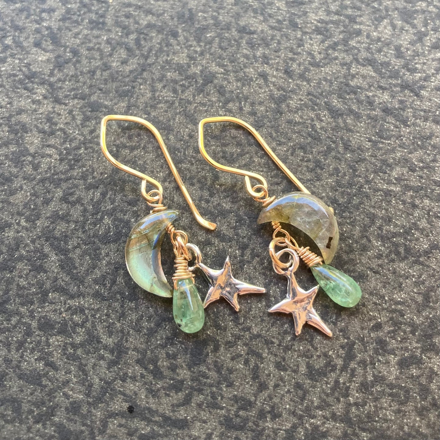 Labradorite, Green Kyanite & Mixed Metal Moon Drops Earrings