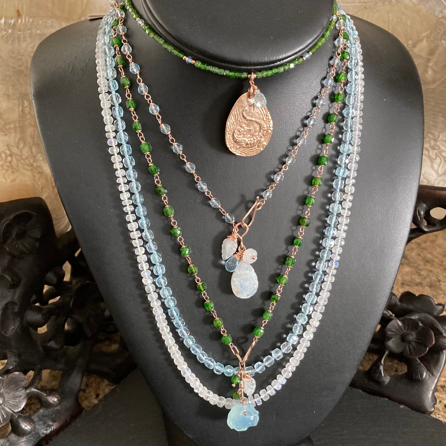 Blue Topaz, Rose Gold & Rainbow Moonstone Pendant Necklace