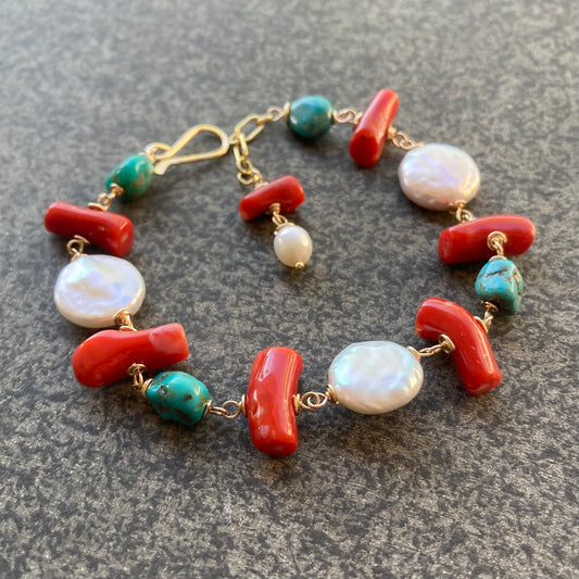 Vintage Coral, Turquoise, Freshwater Pearl  & Gold Bracelet