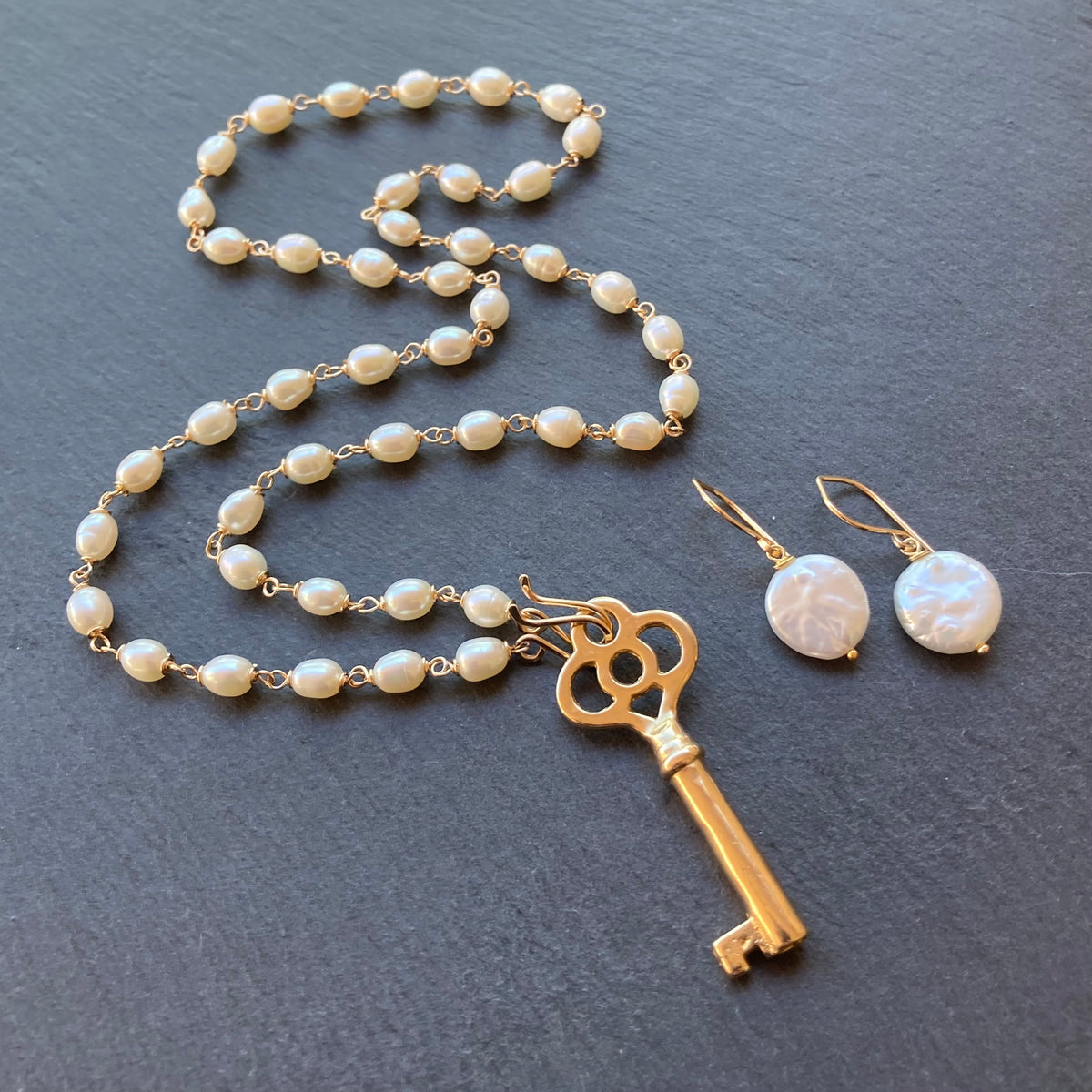 Freshwater Pearl, Gold & Bronze Skeleton Key Convertible Pendant Necklace