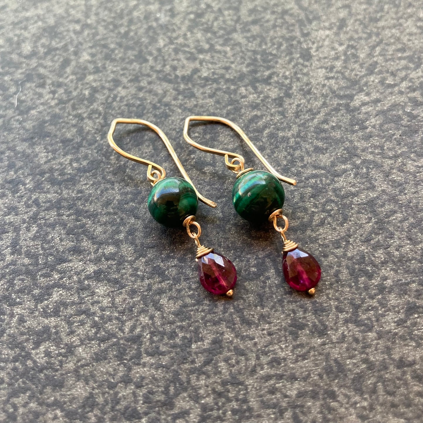 Malachite, Rhodolite & Gold Earrings