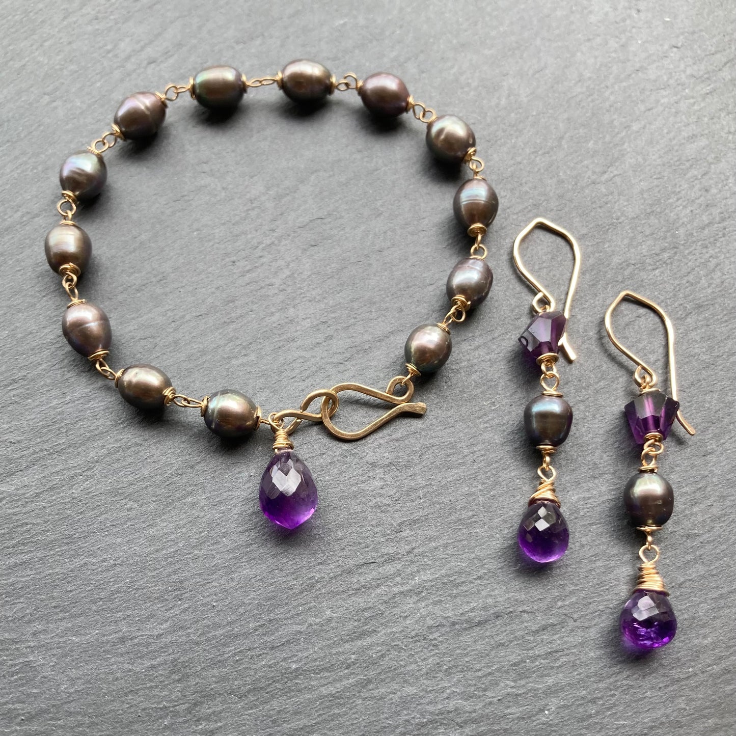 Amethyst, Peacock Pearl & Gold Earrings