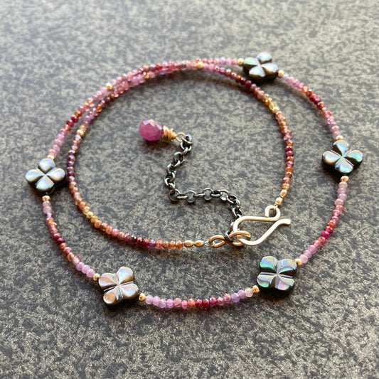 Black Mother of Pearl, Natural Ruby & Mixed Metal Clover Choker