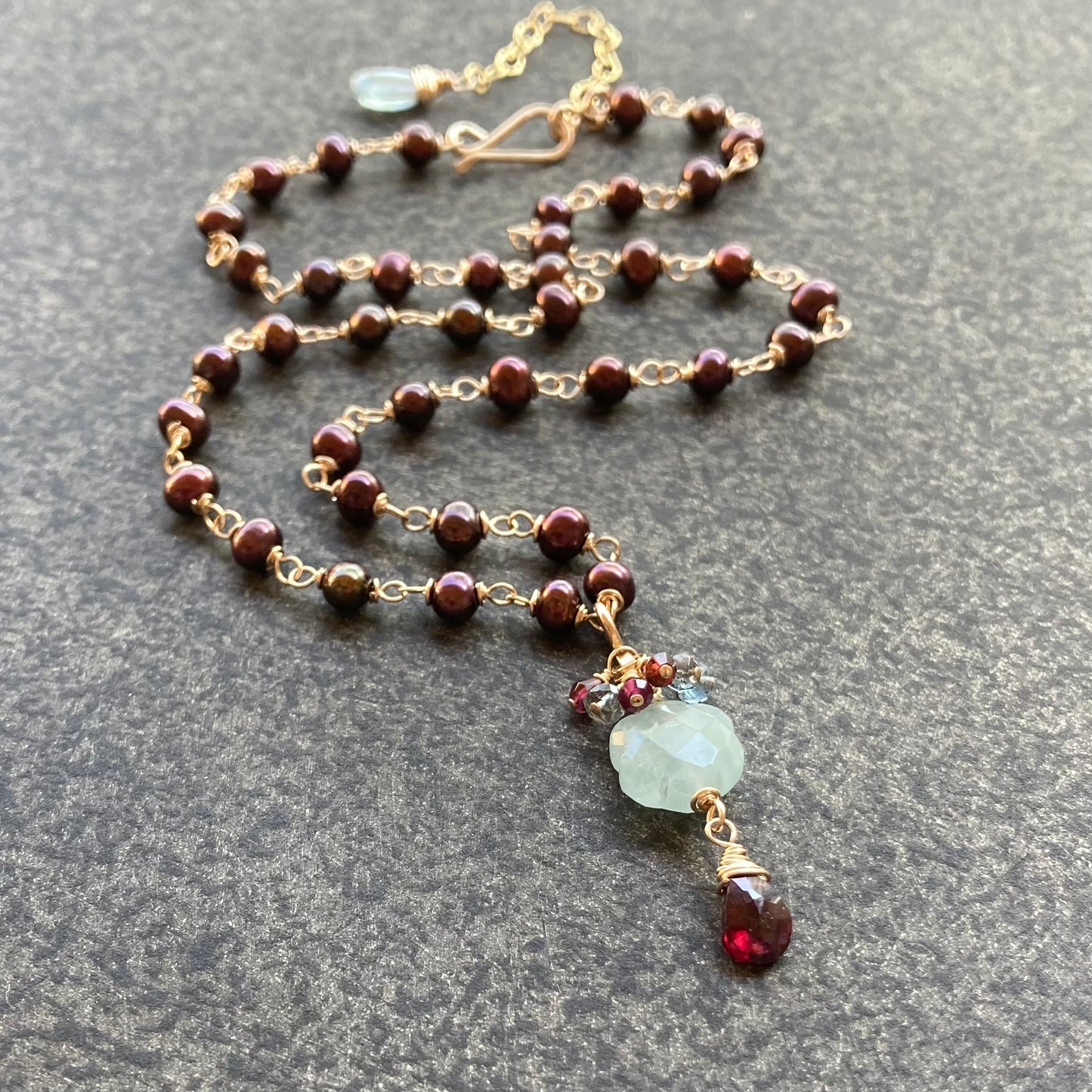 Aquamarine, Cranberry Freshwater Pearl, Rhodolite Garnet & Gold Flower Drop Pendant Necklace