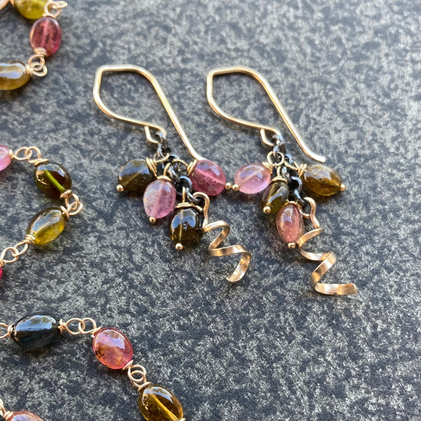 Watermelon Tourmaline & Mixed Metal Spiral Earrings