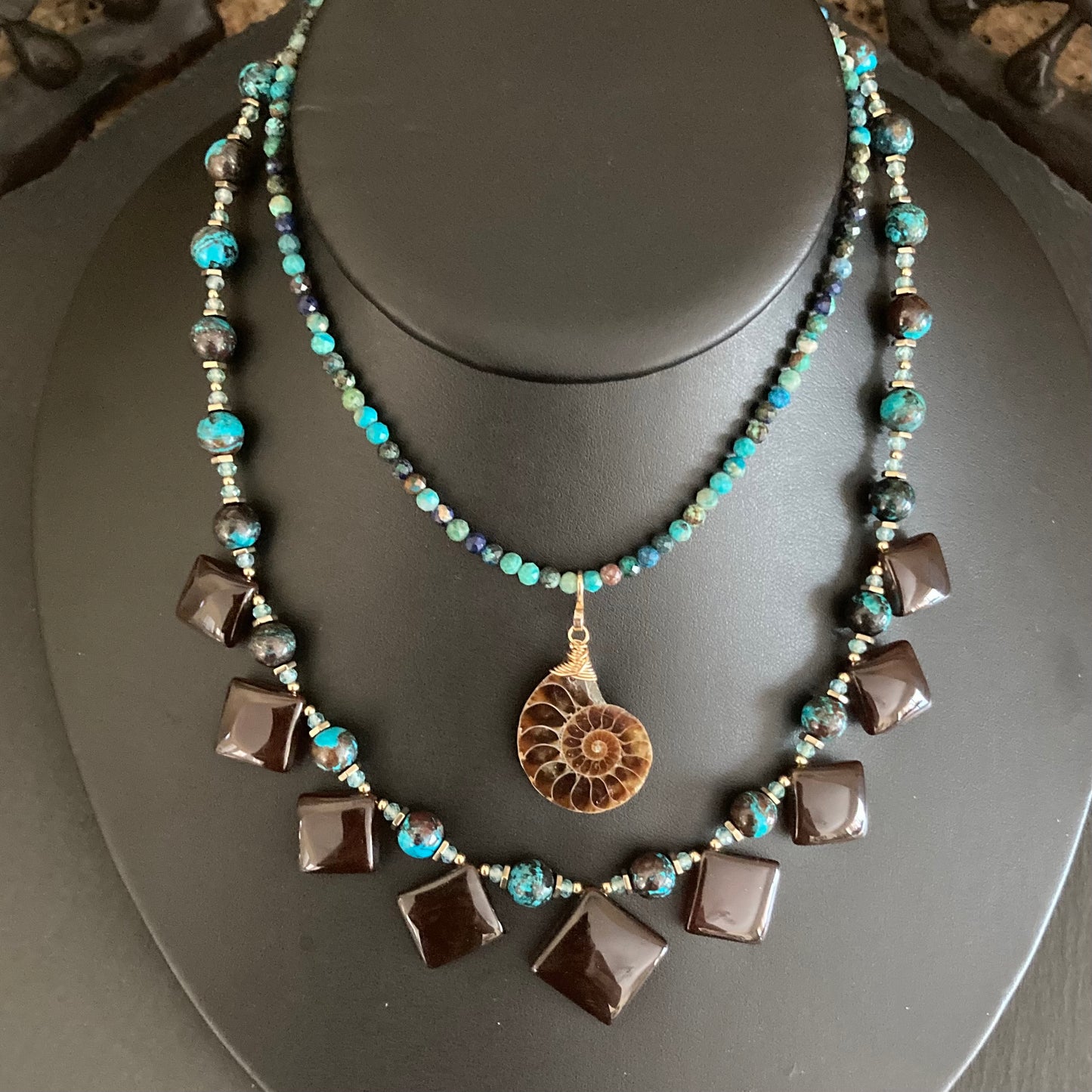 Chrysocolla Azurite & Gold Ammonite Pendant Choker