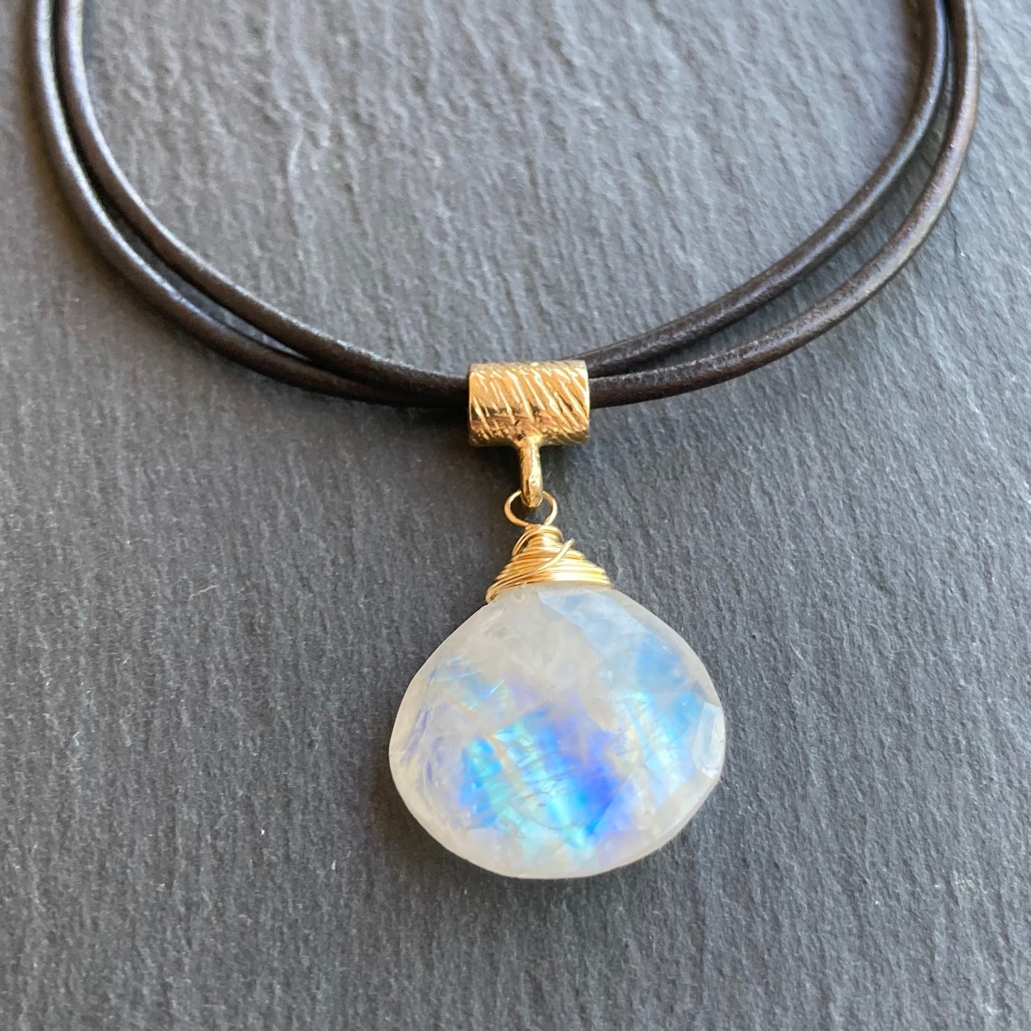 Rainbow Moonstone & Bronze Leather Choker