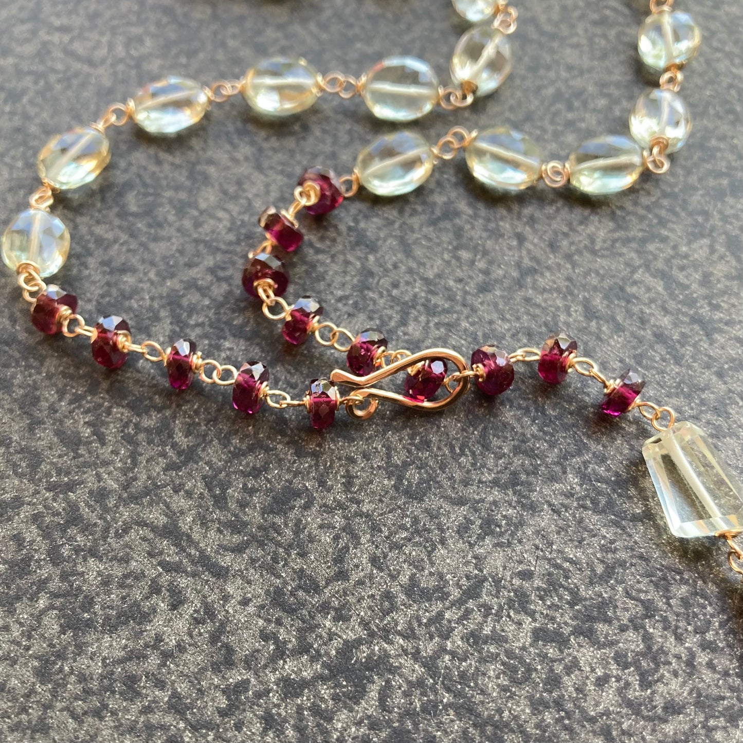 Prasiolite, Rhodolite & Gold Convertible Lariat Necklace