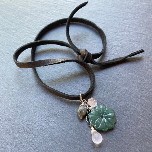 Guatemalan Jade & Sterling Silver Winter Succulent Deerskin Leather Choker