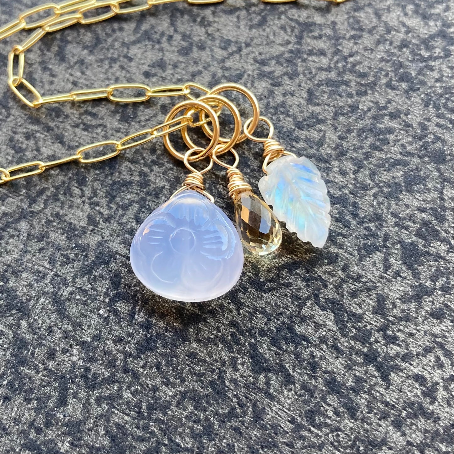 Blue Chalcedony, Rainbow Moonstone, Citrine & Gold Charm Necklace