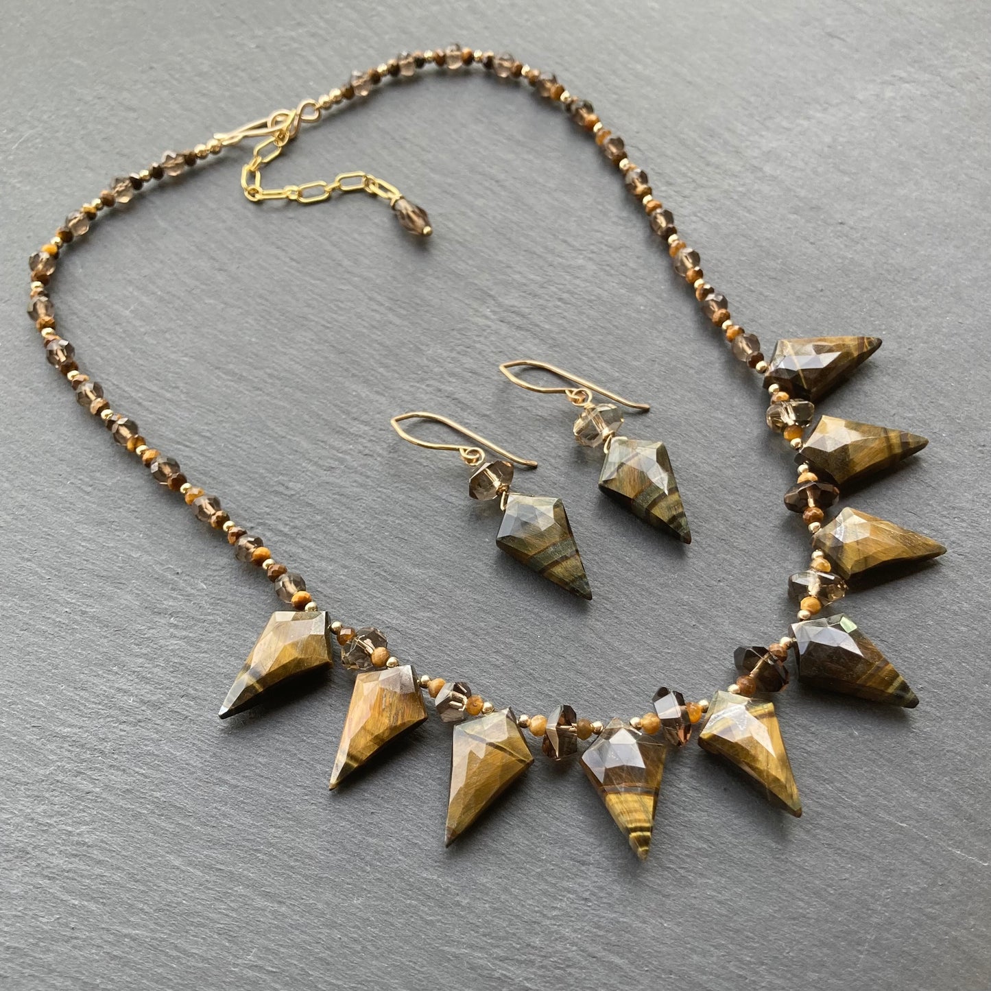 Tiger’s Eye, Smoky Quartz & Gold Arrowhead Collar