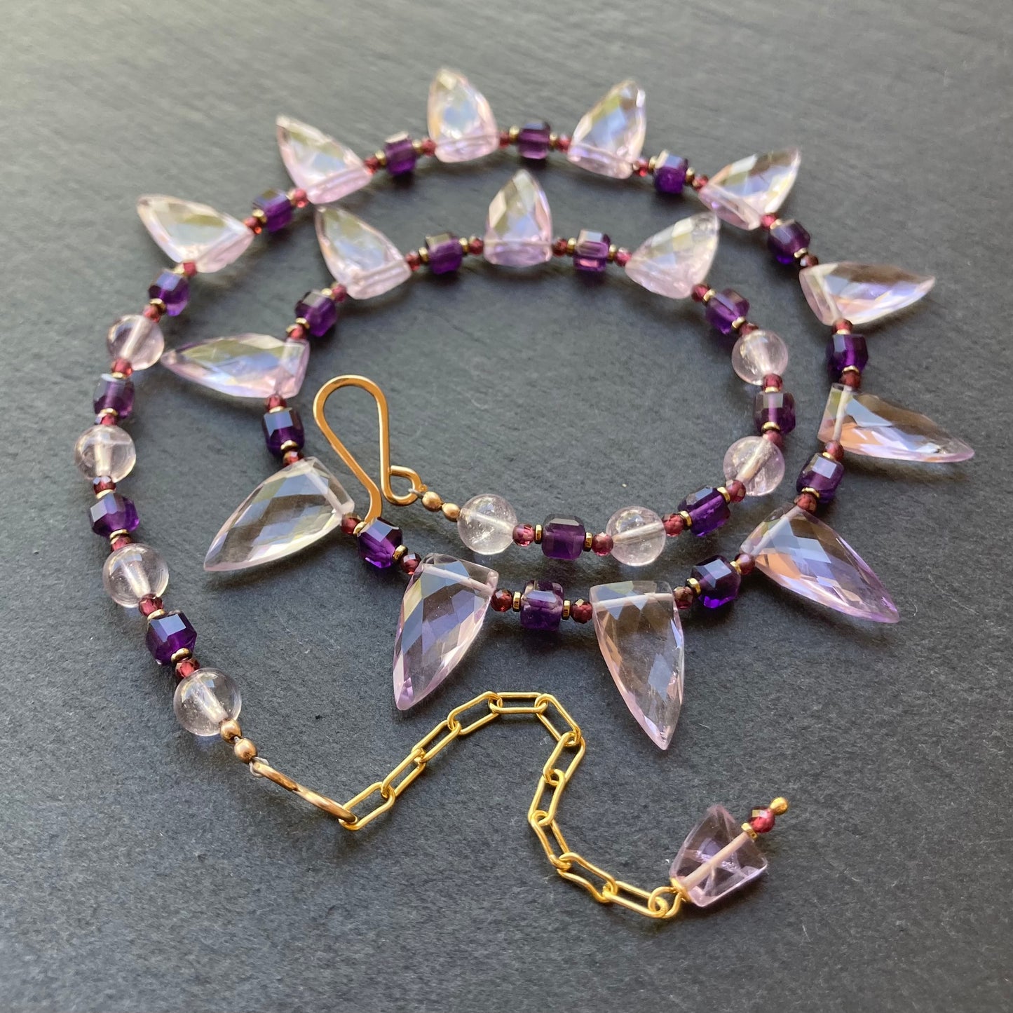 Amethyst, Rhodolite Garnet & Gold Spearhead Collar