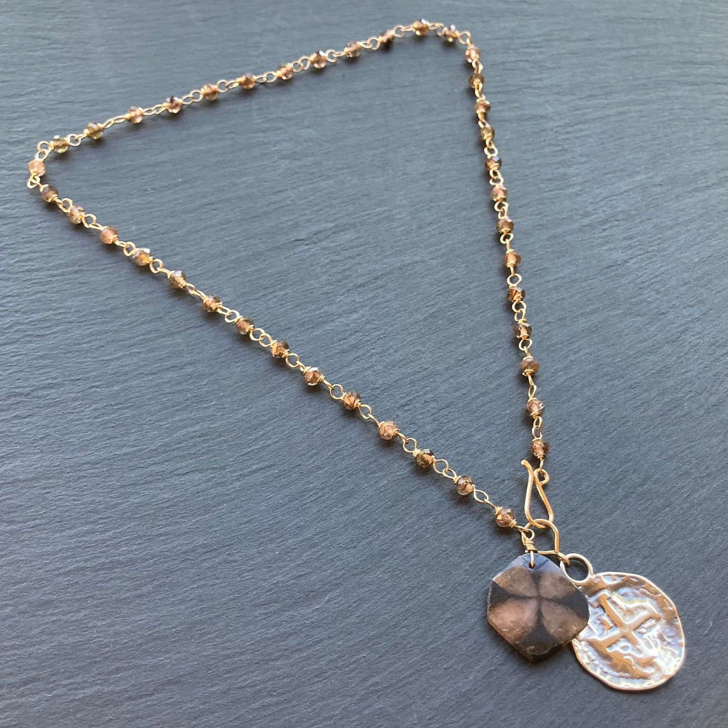 Andalusite, Chiastolite, Gold & Bronze Spanish Coin Necklace
