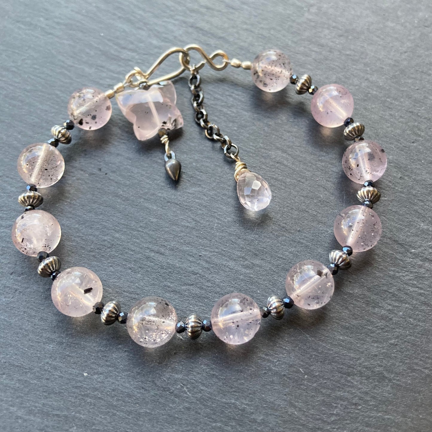 Hematite in Rose Quartz & Sterling Silver Butterfly Charm Bracelet