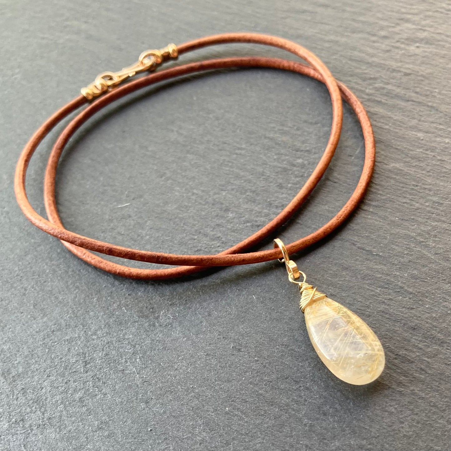 Golden Rutilated Quartz & Gold Leather Choker