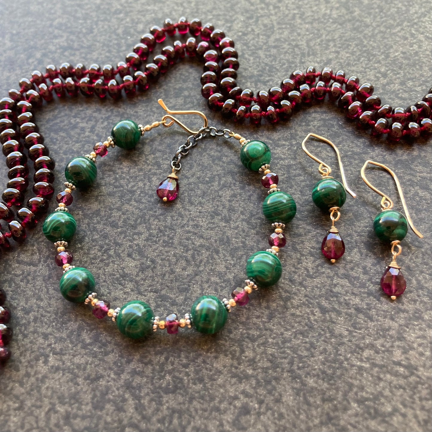 Malachite, Rhodolite & Gold Earrings