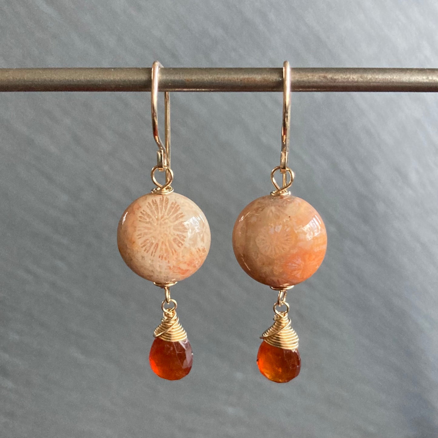 Fossil Coral, Hessonite Garnet & Gold Earrings