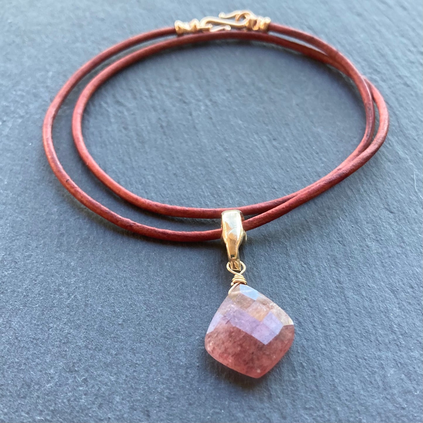 Strawberry Quartz & Bronze Leather Choker