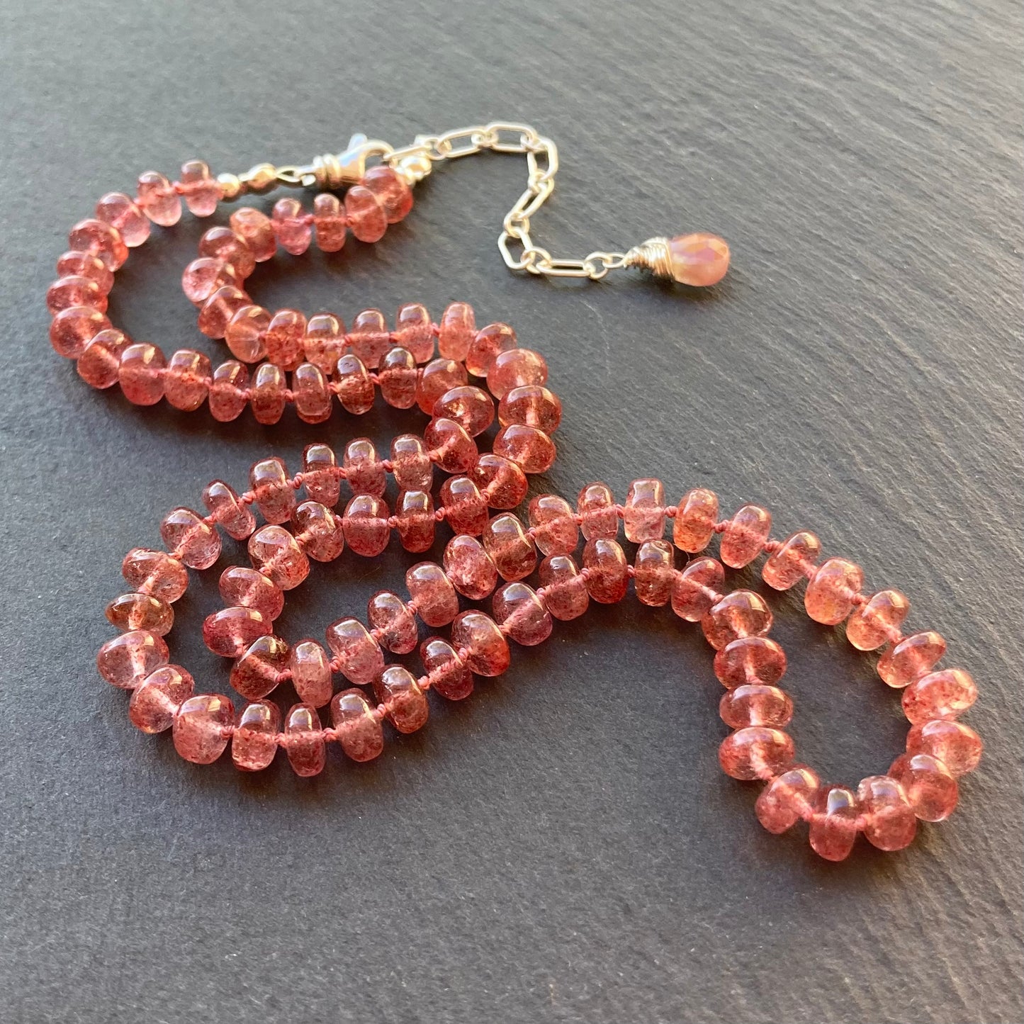 Custom Strawberry Quartz Hand Knotted Silk Necklace