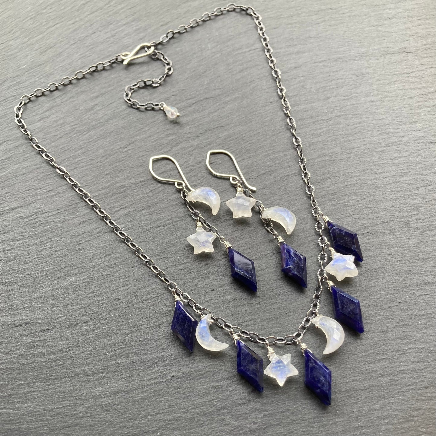 Rainbow Moonstone, Sodalite & Sterling Silver Alternate Universe Earrings