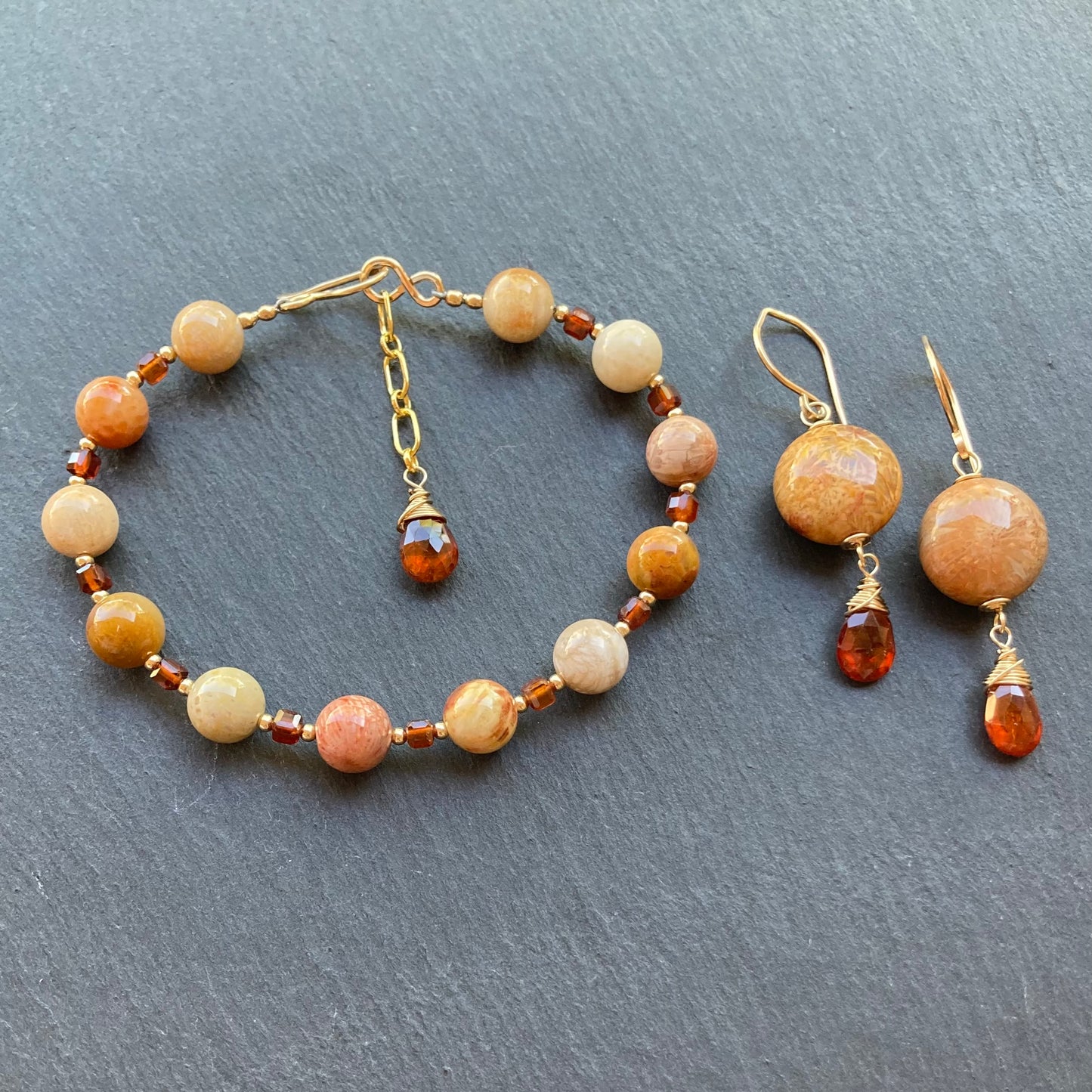 Fossil Coral, Hessonite & Gold Bracelet