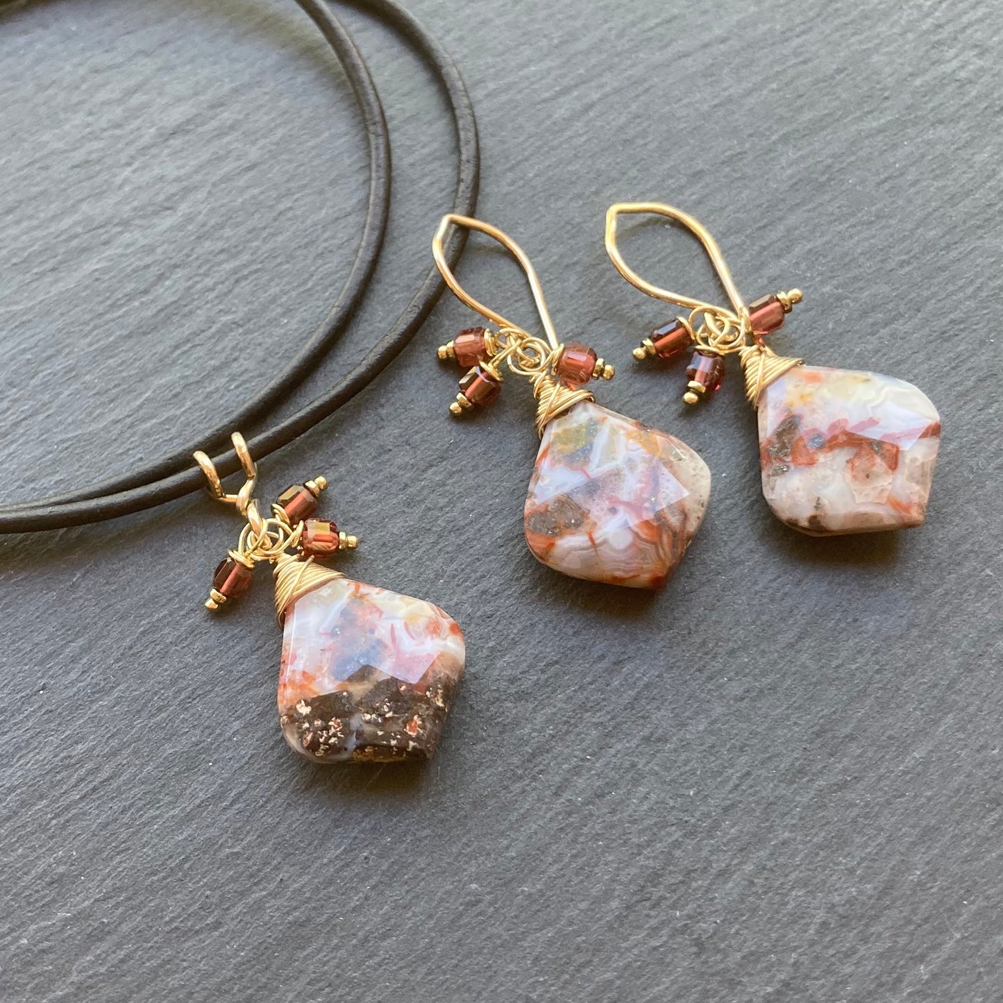 Crazy Lace Agate, Malaya Garnet & Gold Earrings