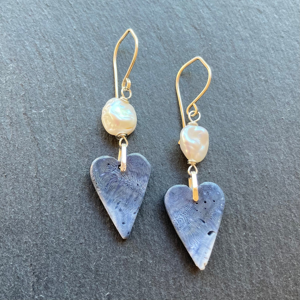 Freshwater Pearl, Sterling Silver & Blue Sponge Coral Heart Earrings