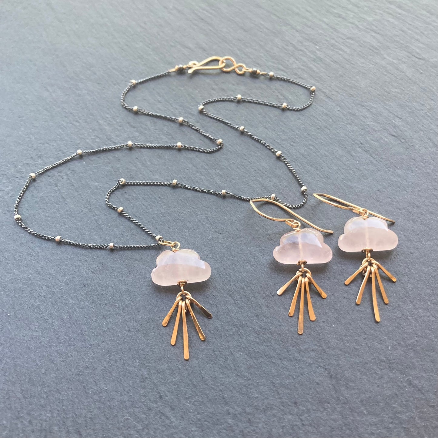 Rose Quartz & Mixed Metal Sunset Fringe Pendant Necklace
