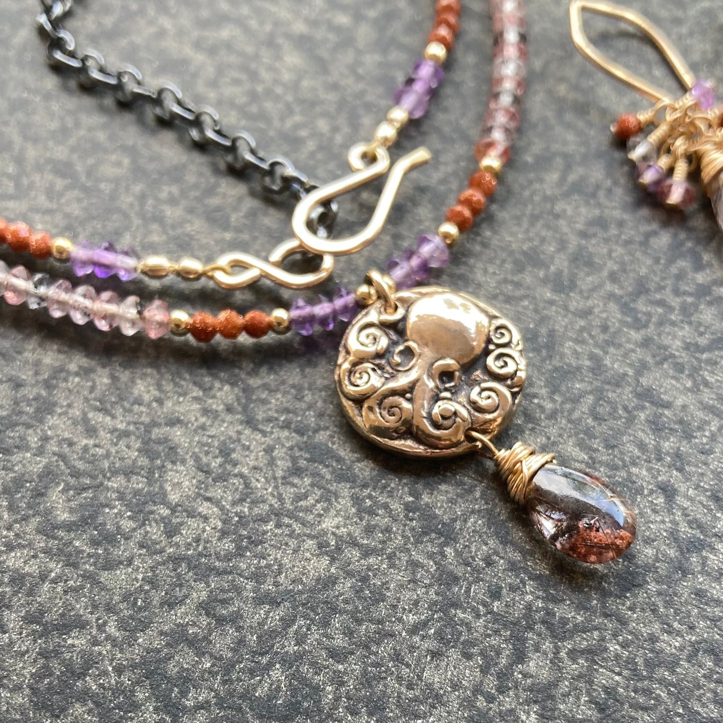 Cacoxenite, Amethyst & Mixed Metal Kraken Coin Necklace