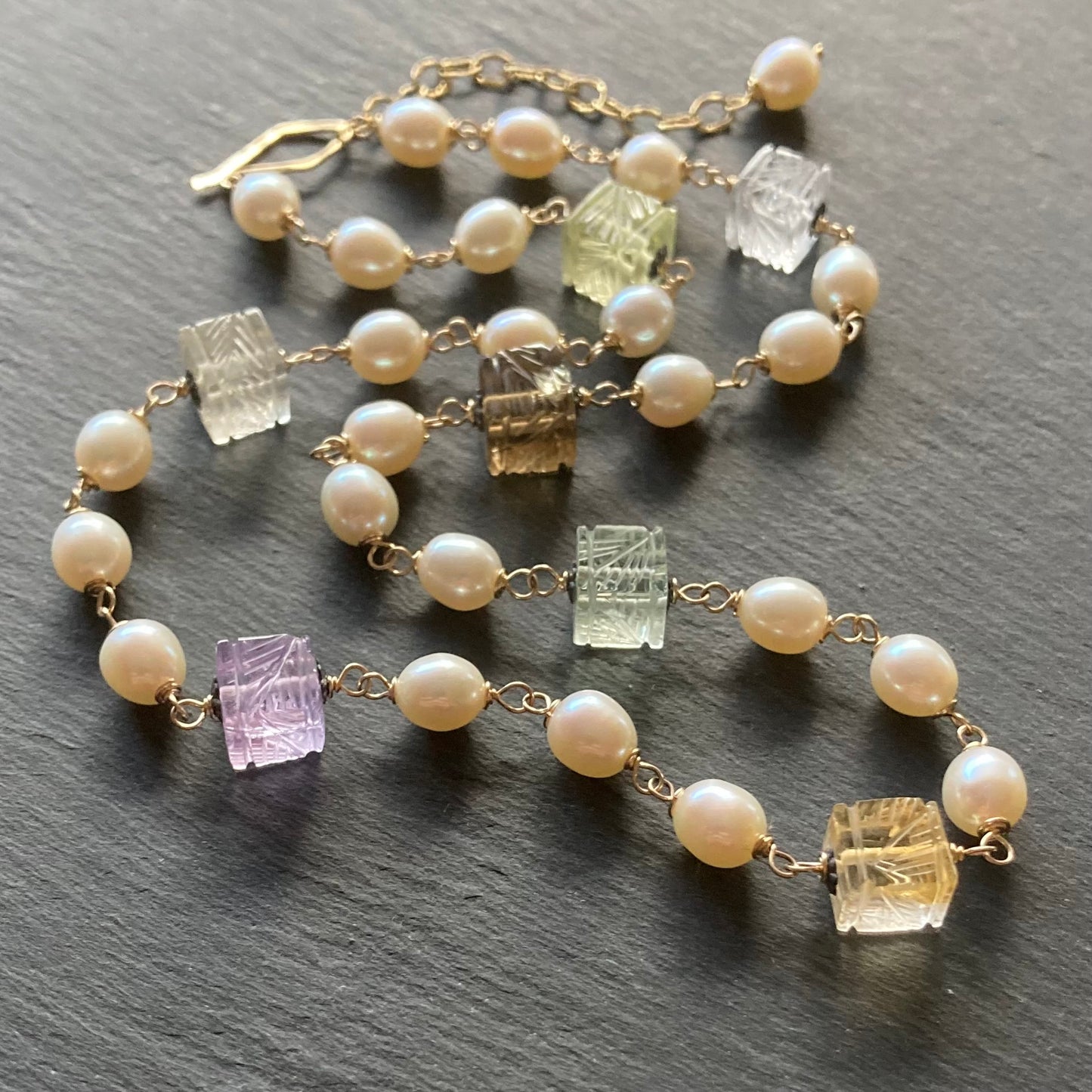 Multi Quartz, Freshwater Pearl & Mixed Metal Carved Lantern Choker