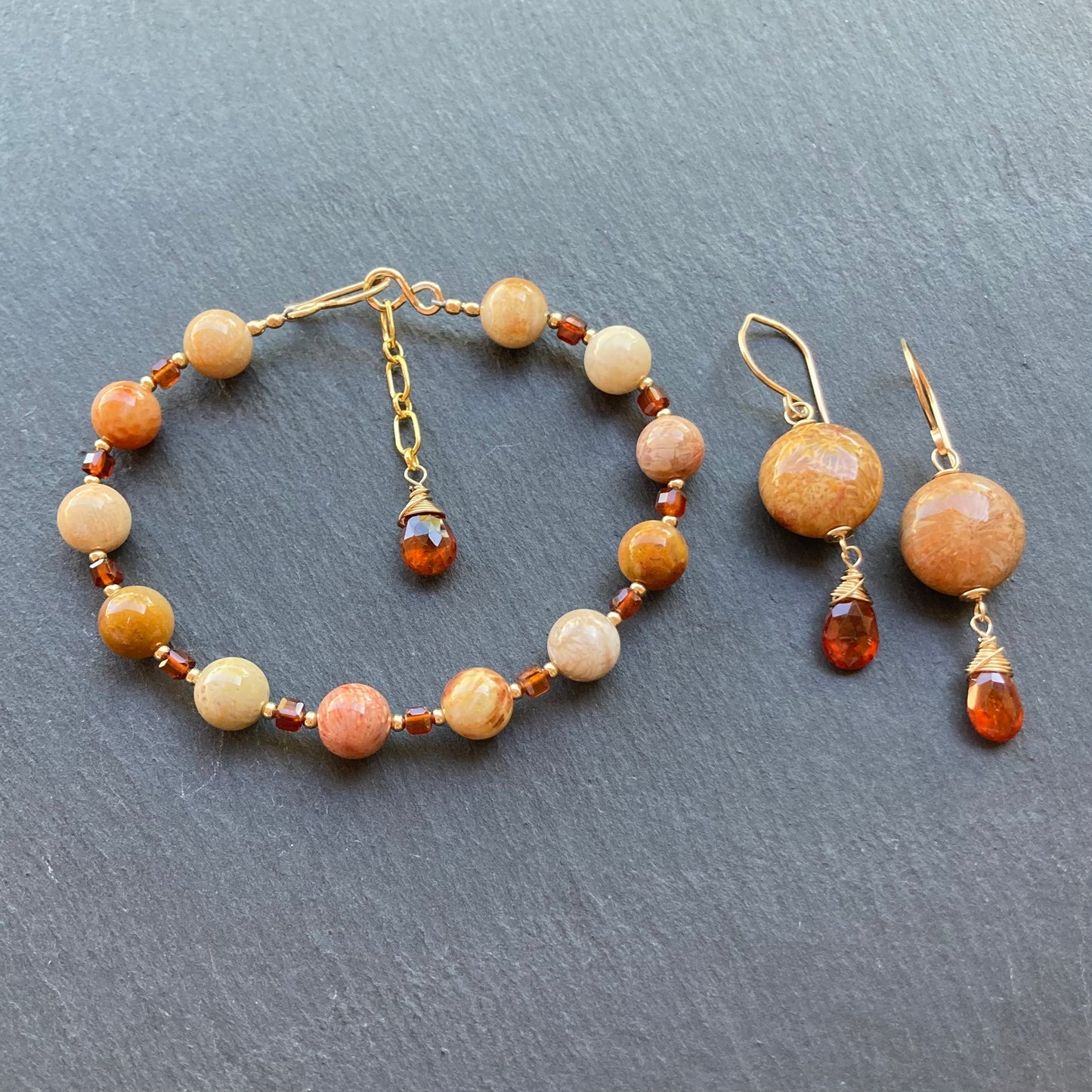 Fossil Coral, Hessonite Garnet & Gold Earrings