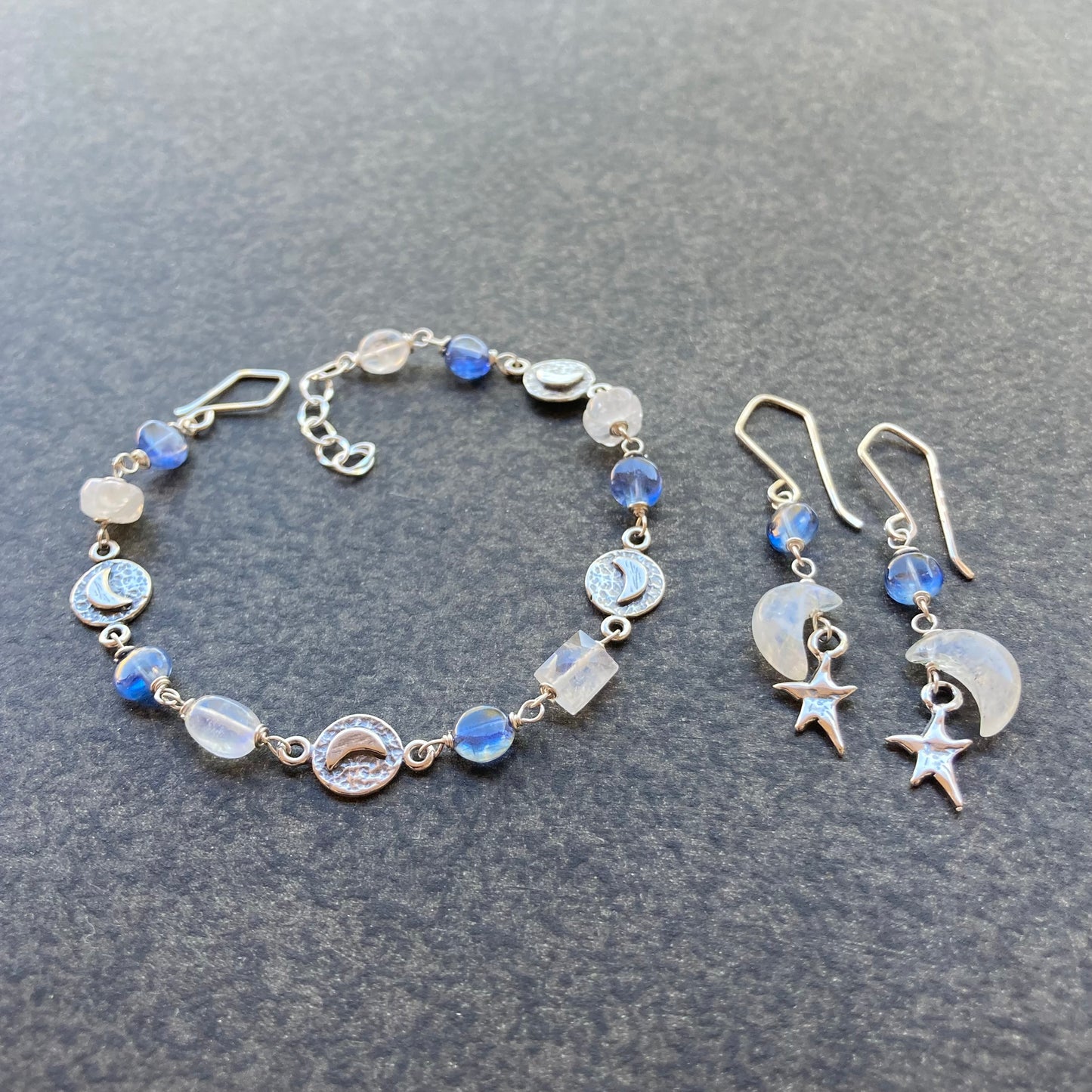 Rainbow Moonstone, Blue Kyanite & Sterling Silver Moon Link Bracelet