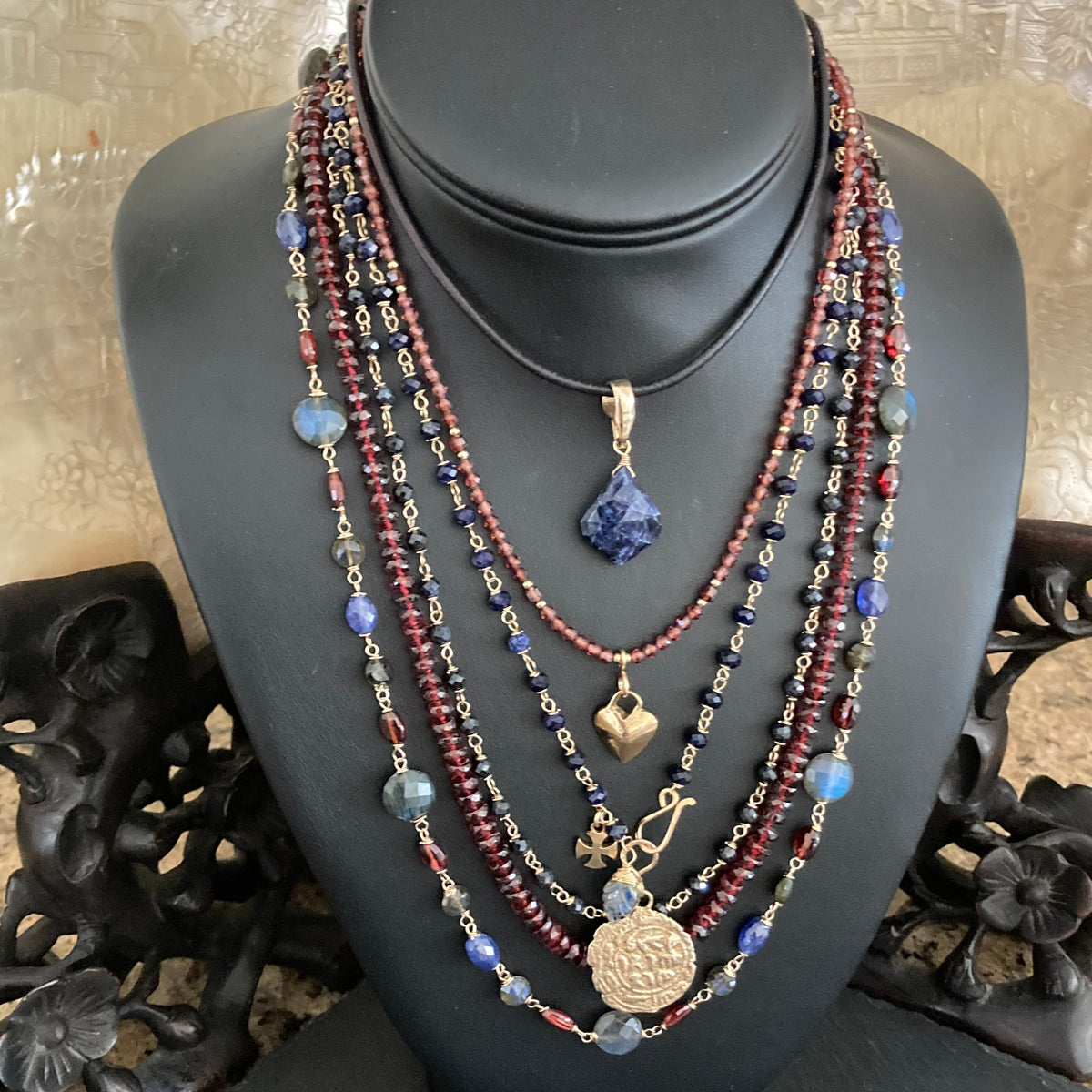 Labradorite, Garnet, Sapphire & Gold Necklace