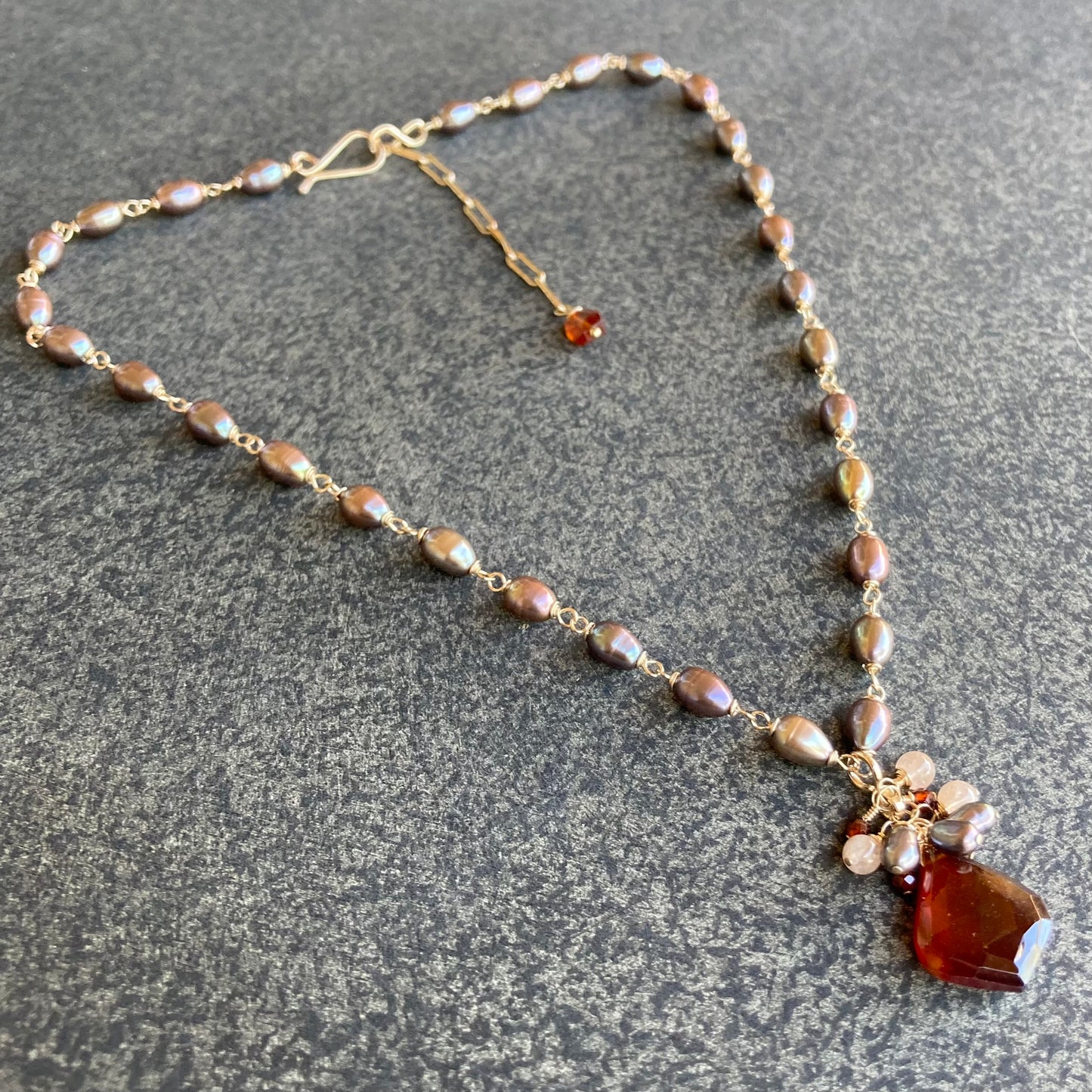 Hessonite, Tahitian Pearl & Gold Pendant Necklace