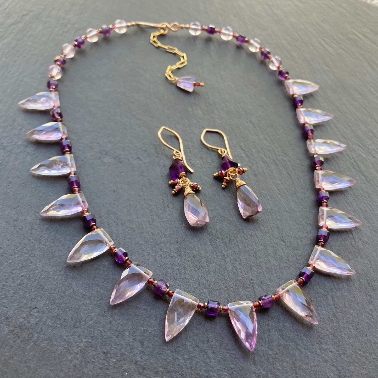 Amethyst, Rhodolite Garnet & Gold Earrings