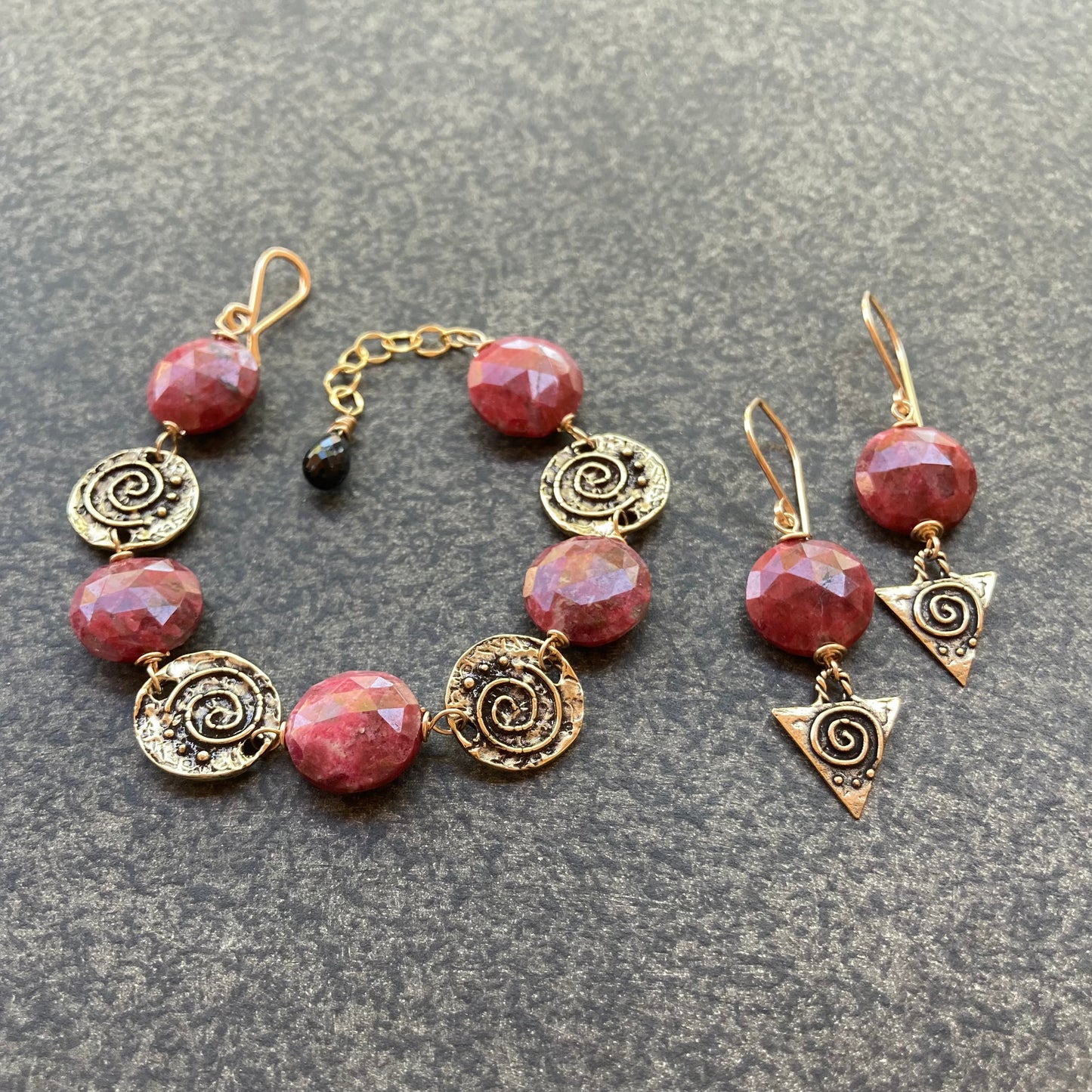 Thulite, Gold & Bronze Spiral Triangle Earrings