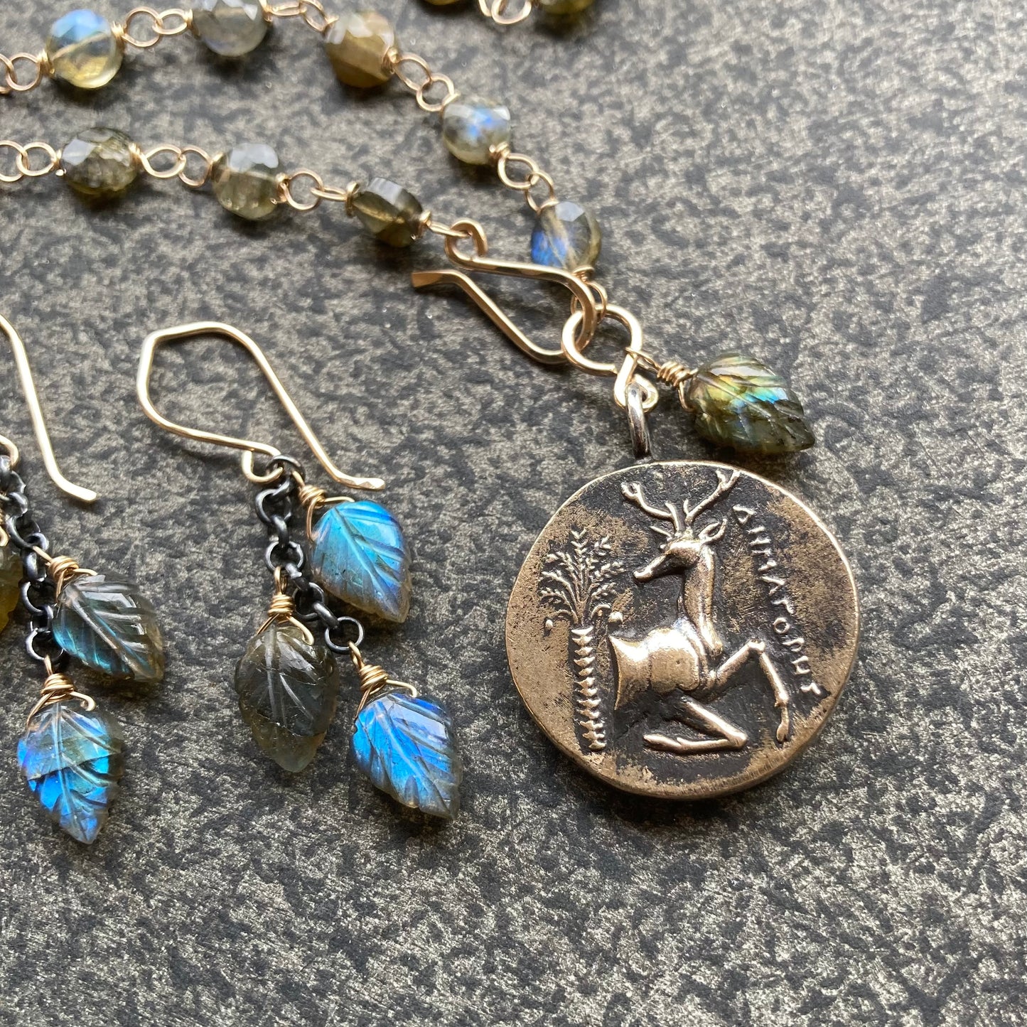 Labradorite & Mixed Metal Sacred Deer & Bee of Artemis Coin Choker