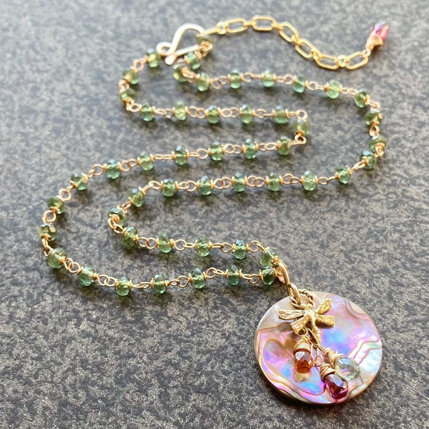 Green Apatite, Gold, Vintage Abalone & Bronze Dragonfly Reflection Pendant Necklace