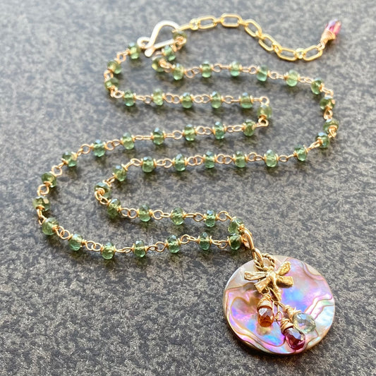 Green Apatite, Gold, Vintage Abalone & Bronze Dragonfly Reflection Pendant Necklace
