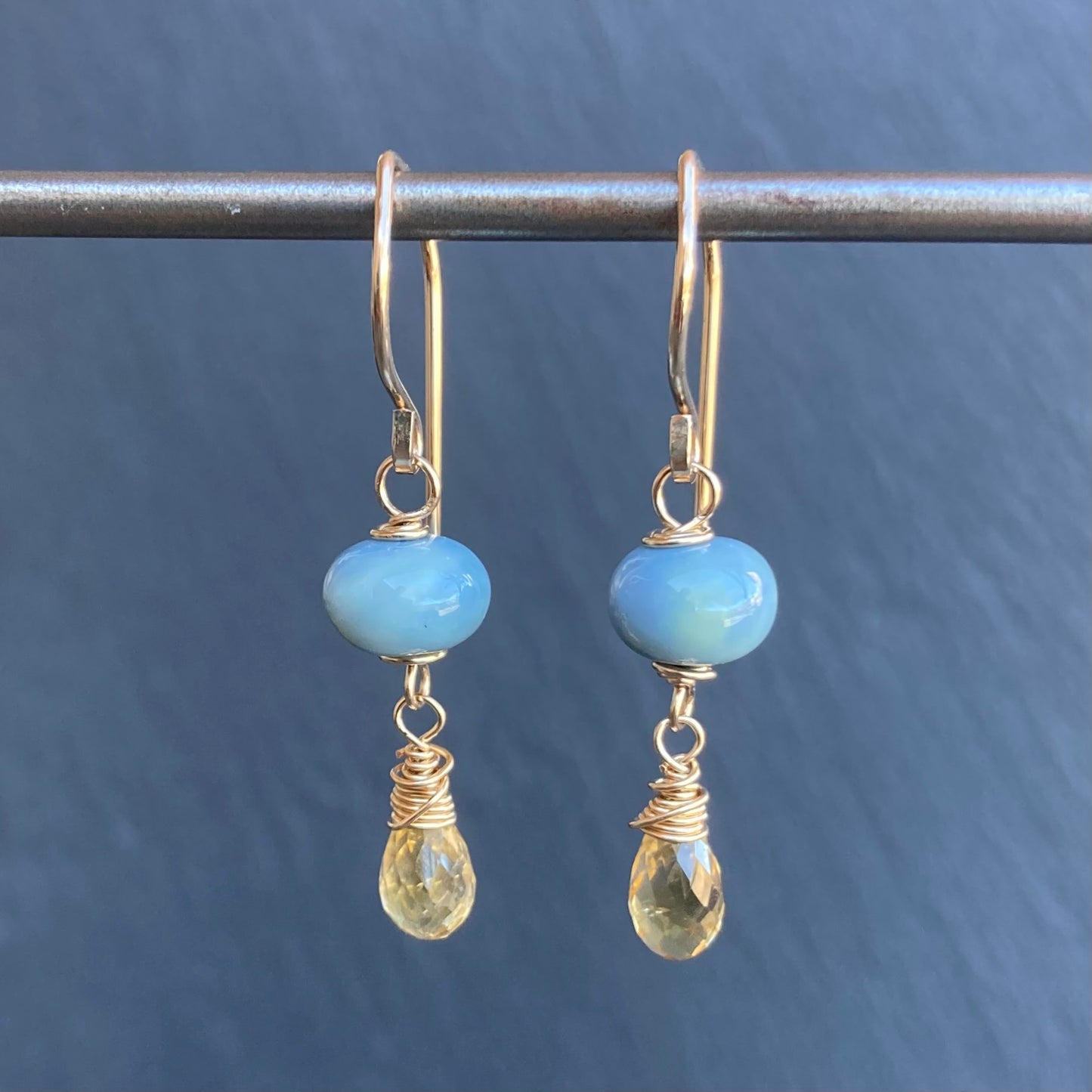 Owyhee Blue Opal, Citrine & Gold Earrings