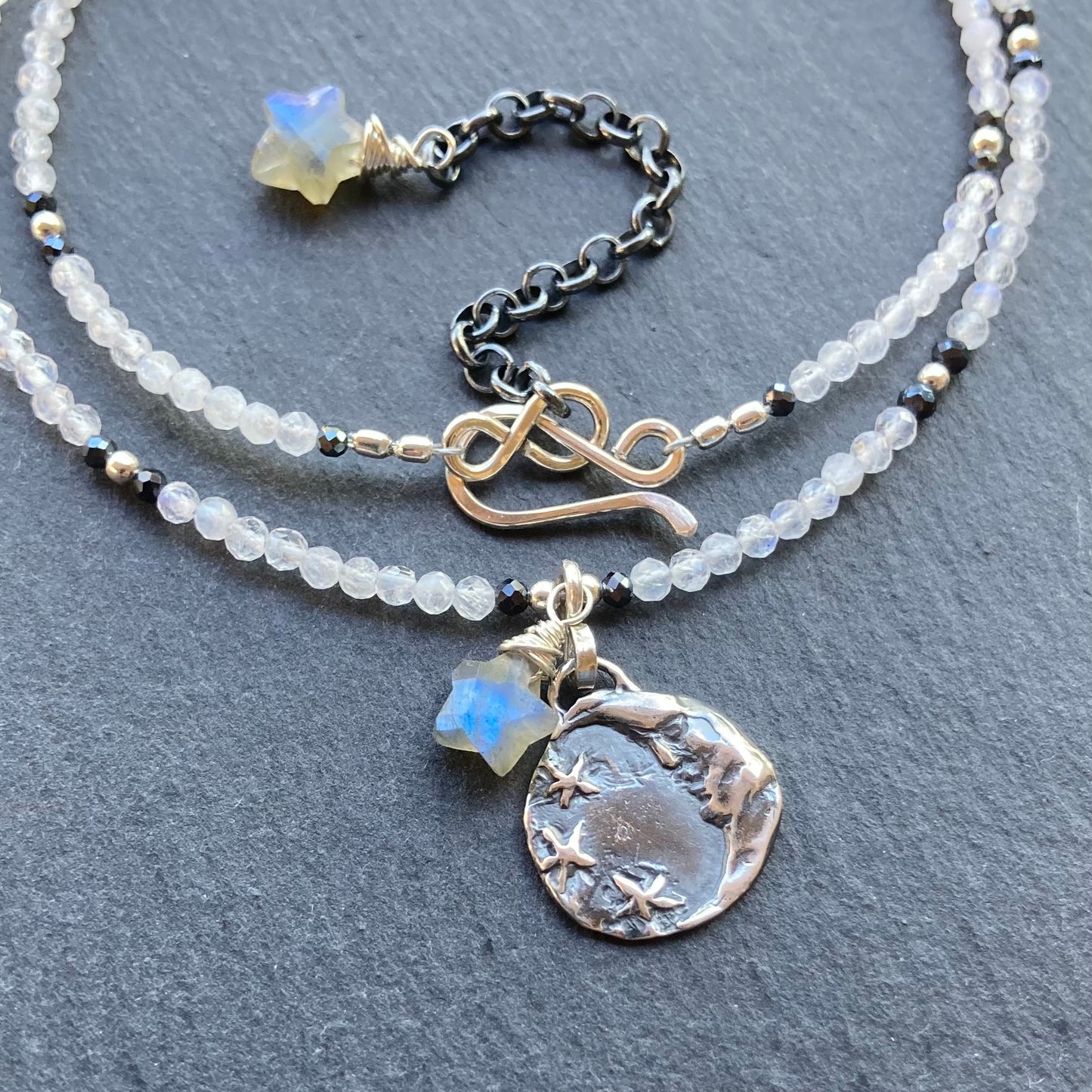 Rainbow Moonstone & Sterling Silver Moon Pendant Choker