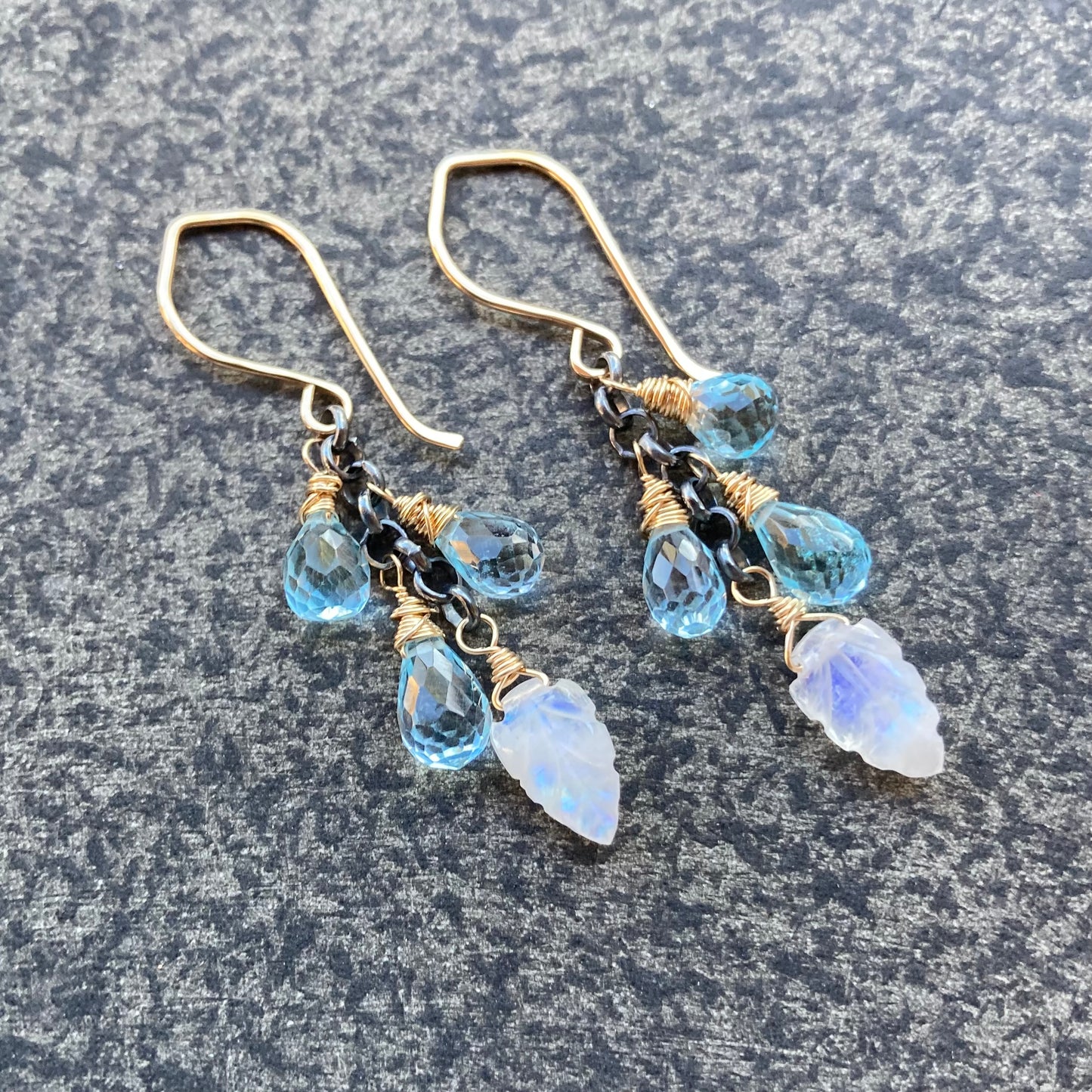 Blue Topaz, Rainbow Moonstone Leaf & Mixed Metal Cascade Earrings